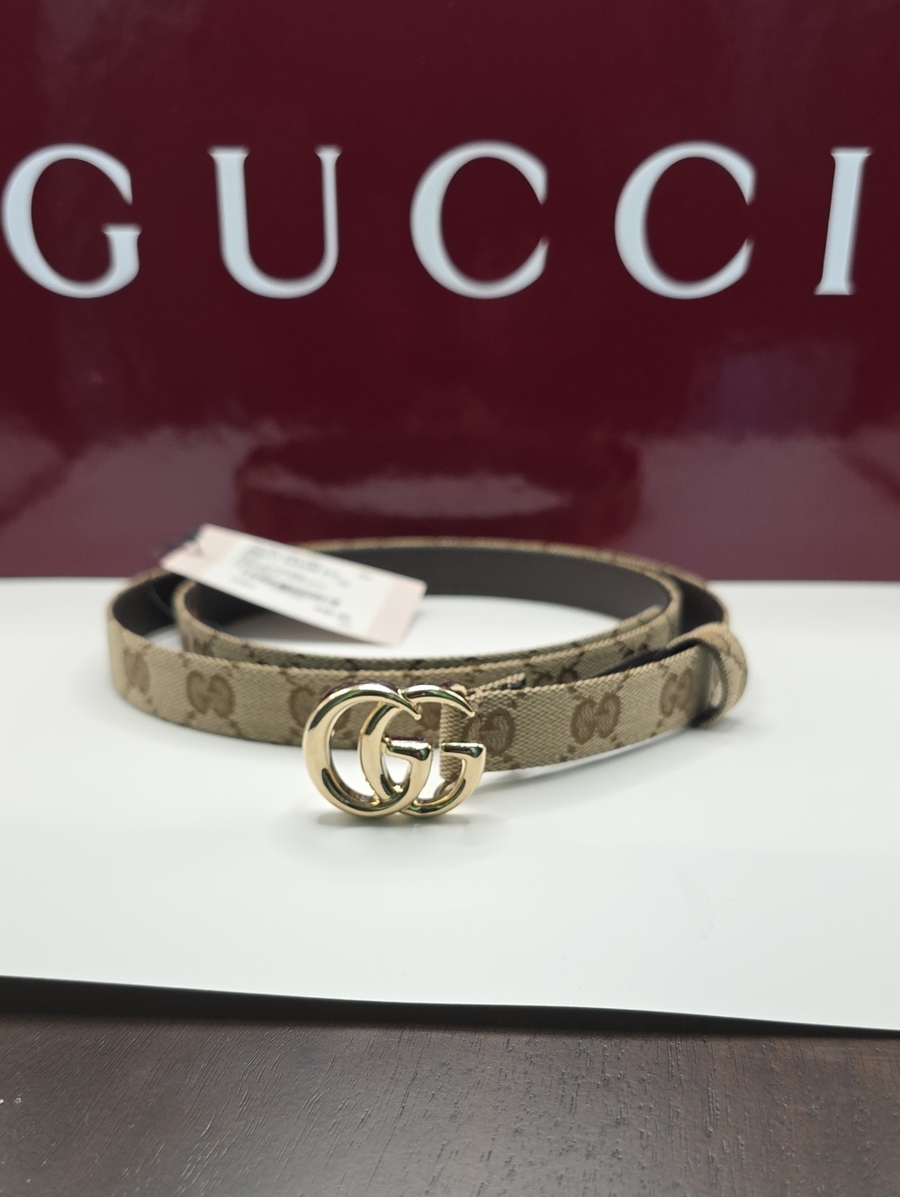 Gucci Beige Monogram GG Canvas Belt with Gold Double G Buckle